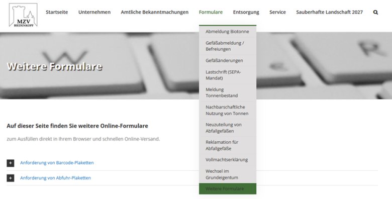Screenshot der Webseite des MZV mit aufgeklapptem Reiter "Formulare"