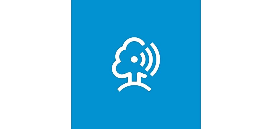 Logo der digitalen Dorflinden in Hessen. Eine weiße Linde mit WLAN Symbol auf blauem Hintergrund.