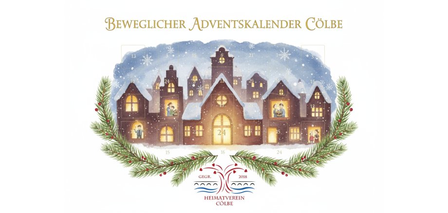 Logo beweglicher Adventskalender; Häuser mit Schnee auf den Dächern und Adventskalenderzahlen in beleuchteten Türen und Fenstern