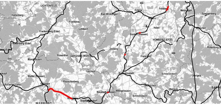 Landkartenausschnitt mit rot markierten Teilabschnitten der betroffenen Bahnstrecke