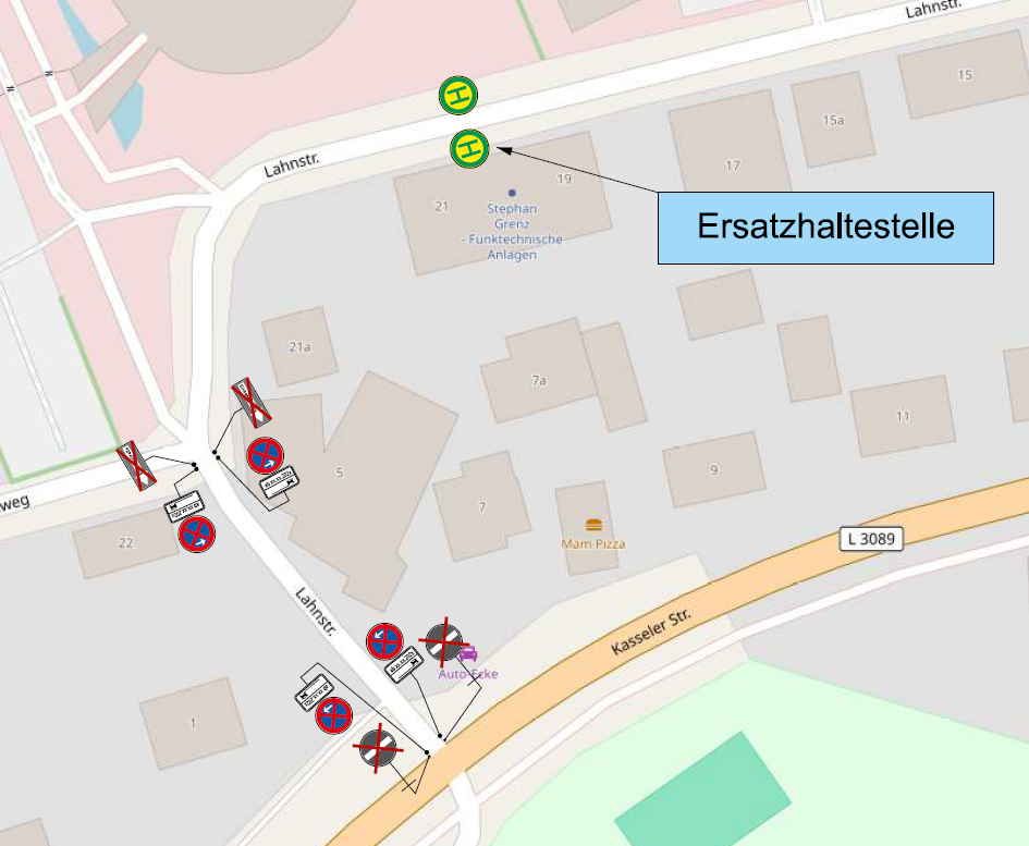 Ersatzhaltestelle in der Lahnstraße (Höhe Hausnummer 19-21)