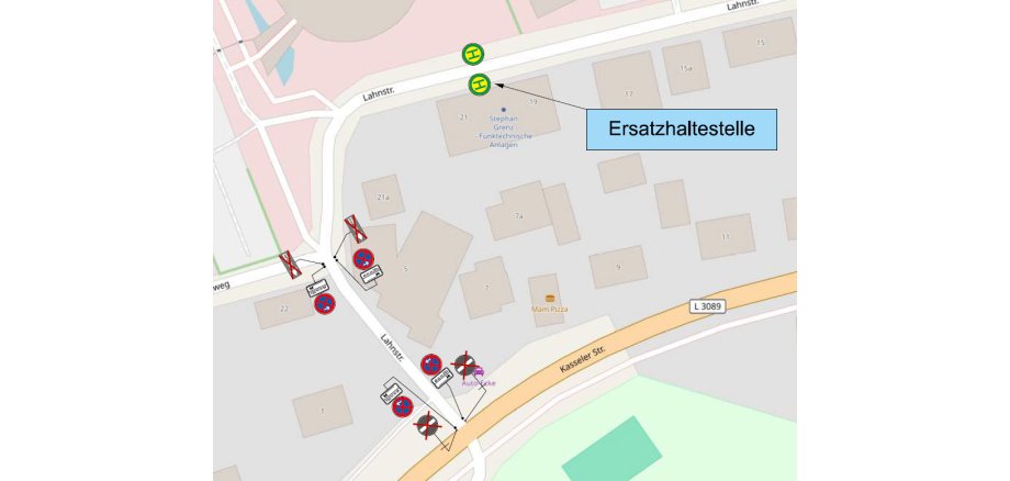 Ersatzhaltestelle in der Lahnstraße (Höhe Hausnummer 19-21)